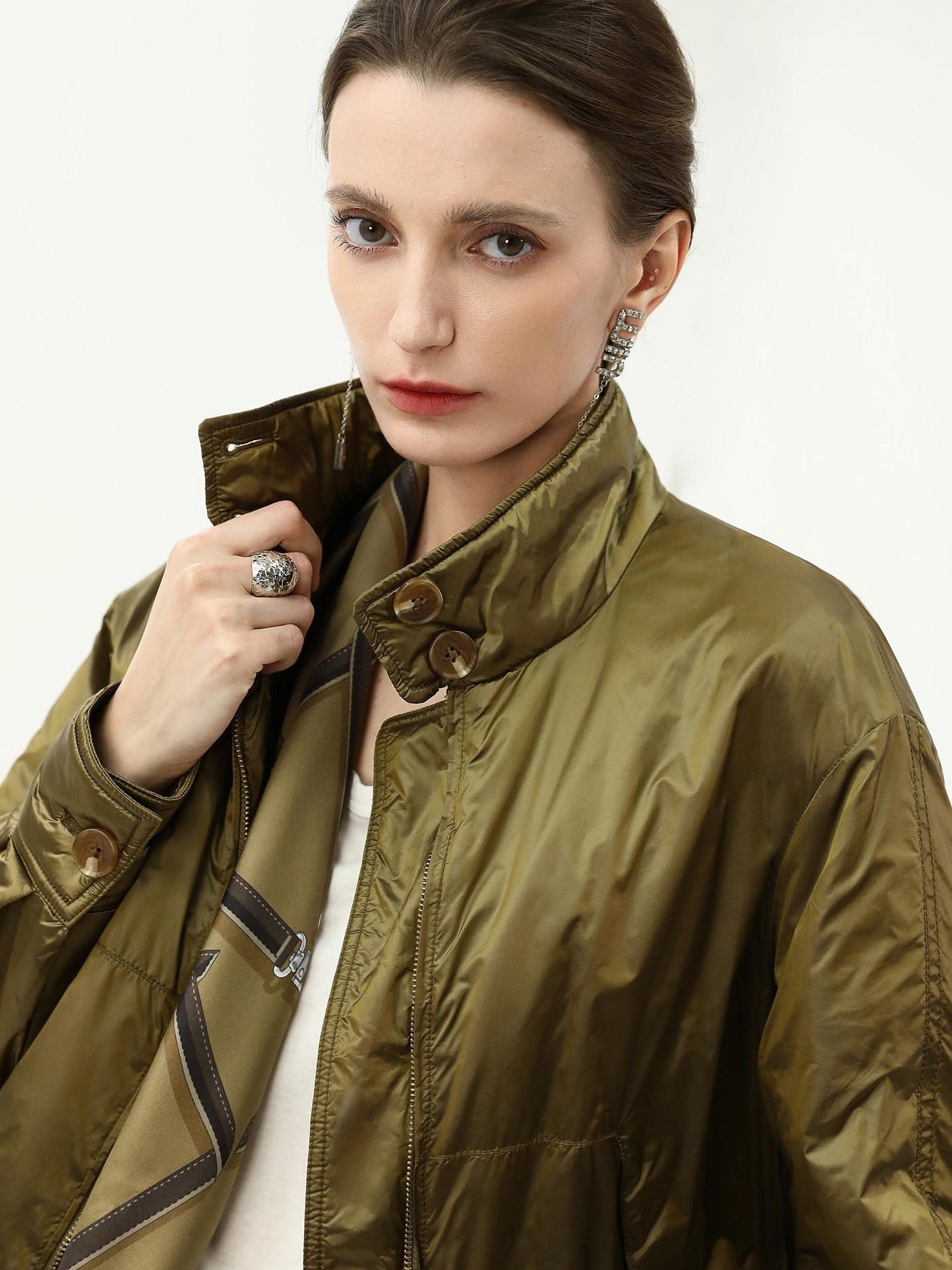 COCOBELLA Short Urban Street Stand Collar Zipper Buttons Pockets Solid Padded Jackets