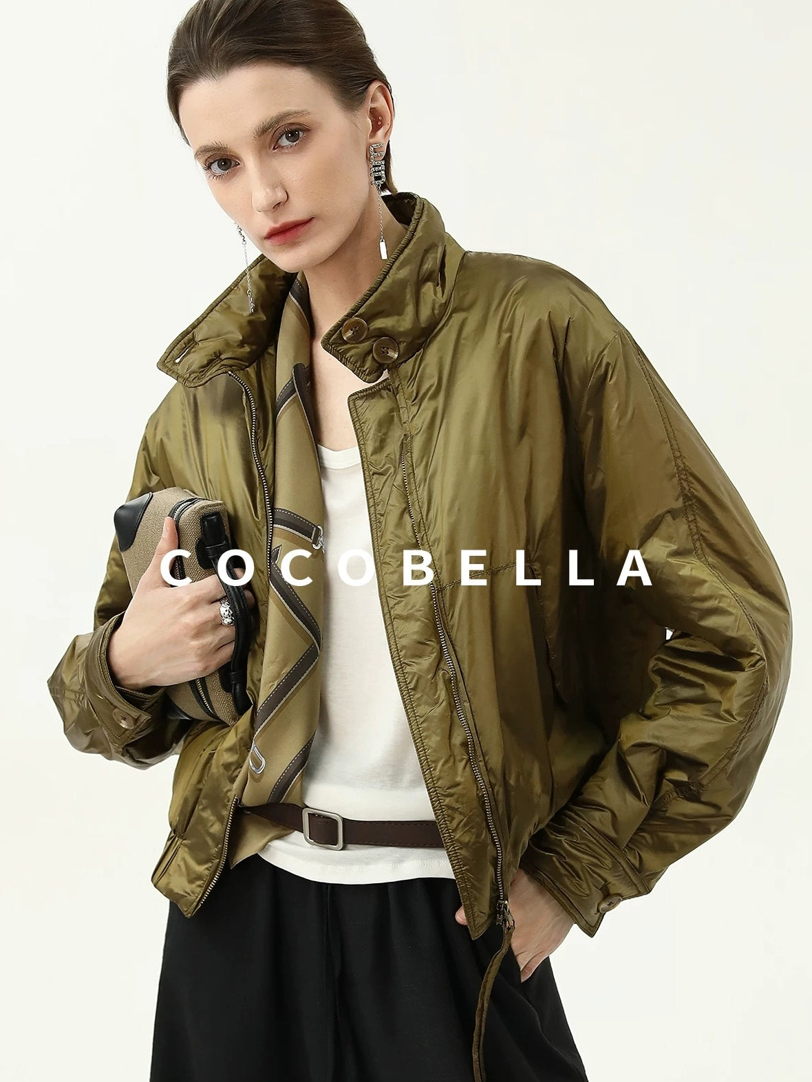 COCOBELLA Short Urban Street Stand Collar Zipper Buttons Pockets Solid Padded Jackets