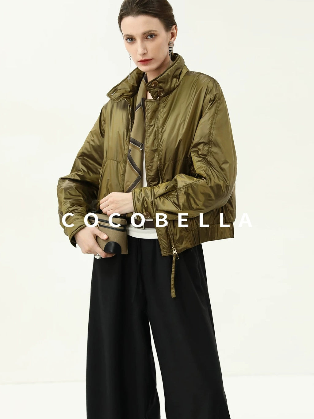 COCOBELLA Short Urban Street Stand Collar Zipper Buttons Pockets Solid Padded Jackets