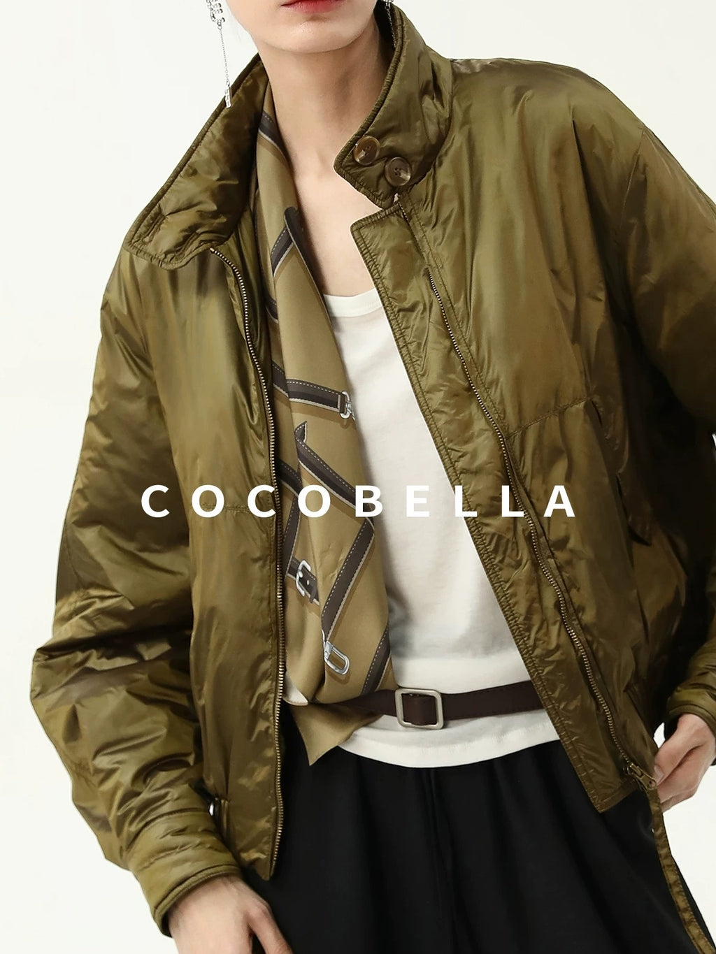 COCOBELLA Short Urban Street Stand Collar Zipper Buttons Pockets Solid Padded Jackets