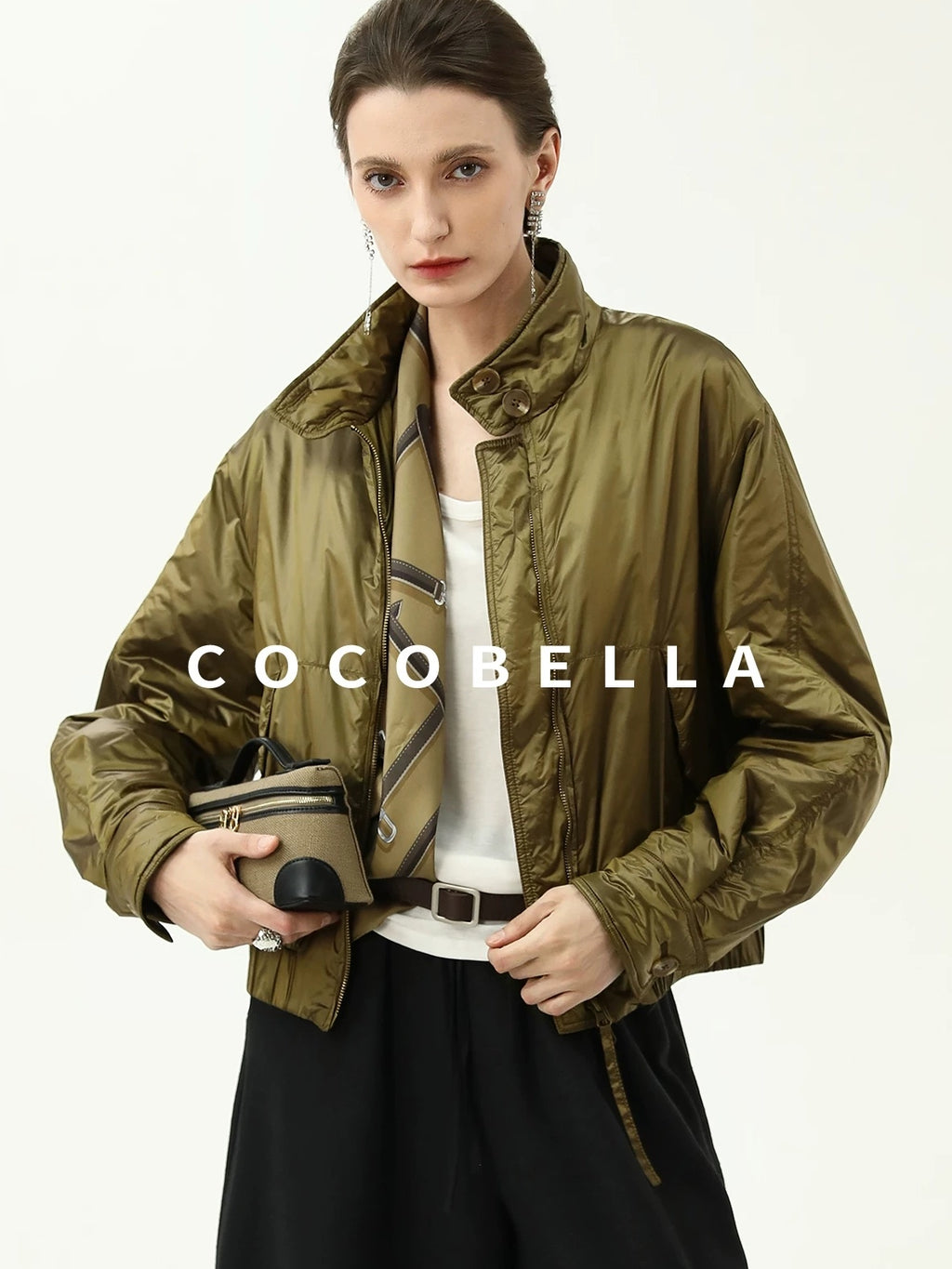 COCOBELLA Short Urban Street Stand Collar Zipper Buttons Pockets Solid Padded Jackets