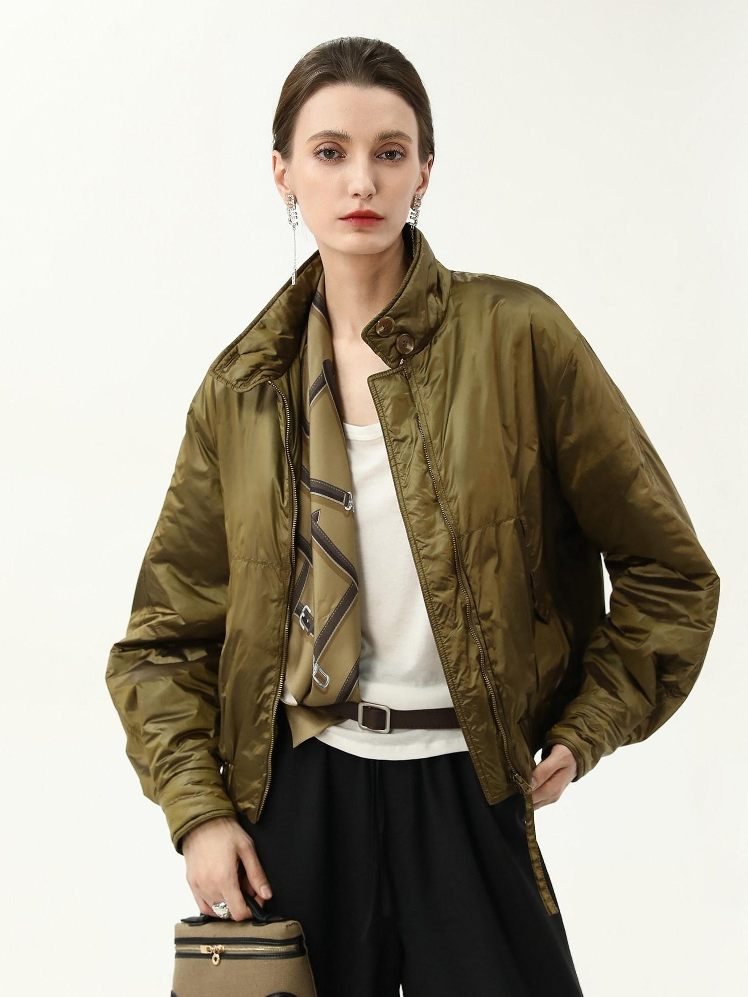 COCOBELLA Short Urban Street Stand Collar Zipper Buttons Pockets Solid Padded Jackets