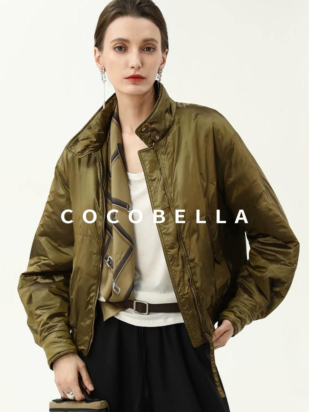 COCOBELLA Short Urban Street Stand Collar Zipper Buttons Pockets Solid Padded Jackets