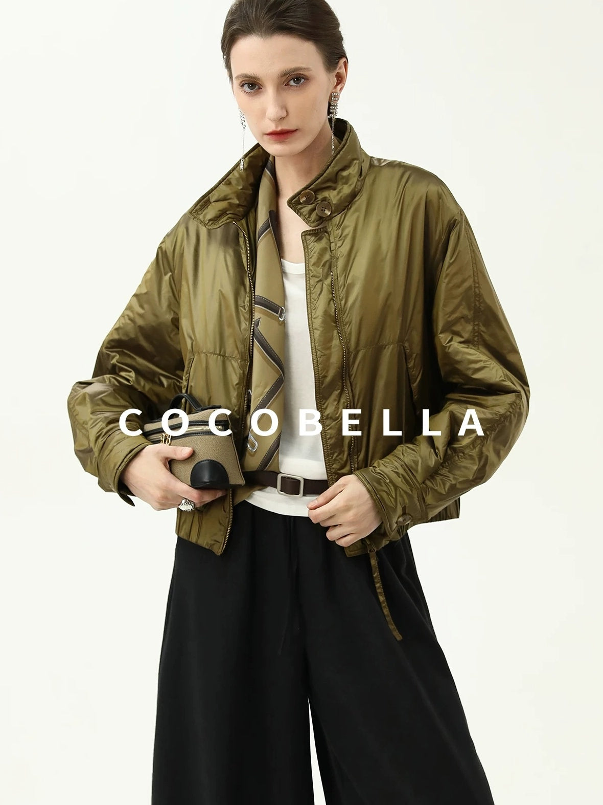 COCOBELLA Short Urban Street Stand Collar Zipper Buttons Pockets Solid Padded Jackets
