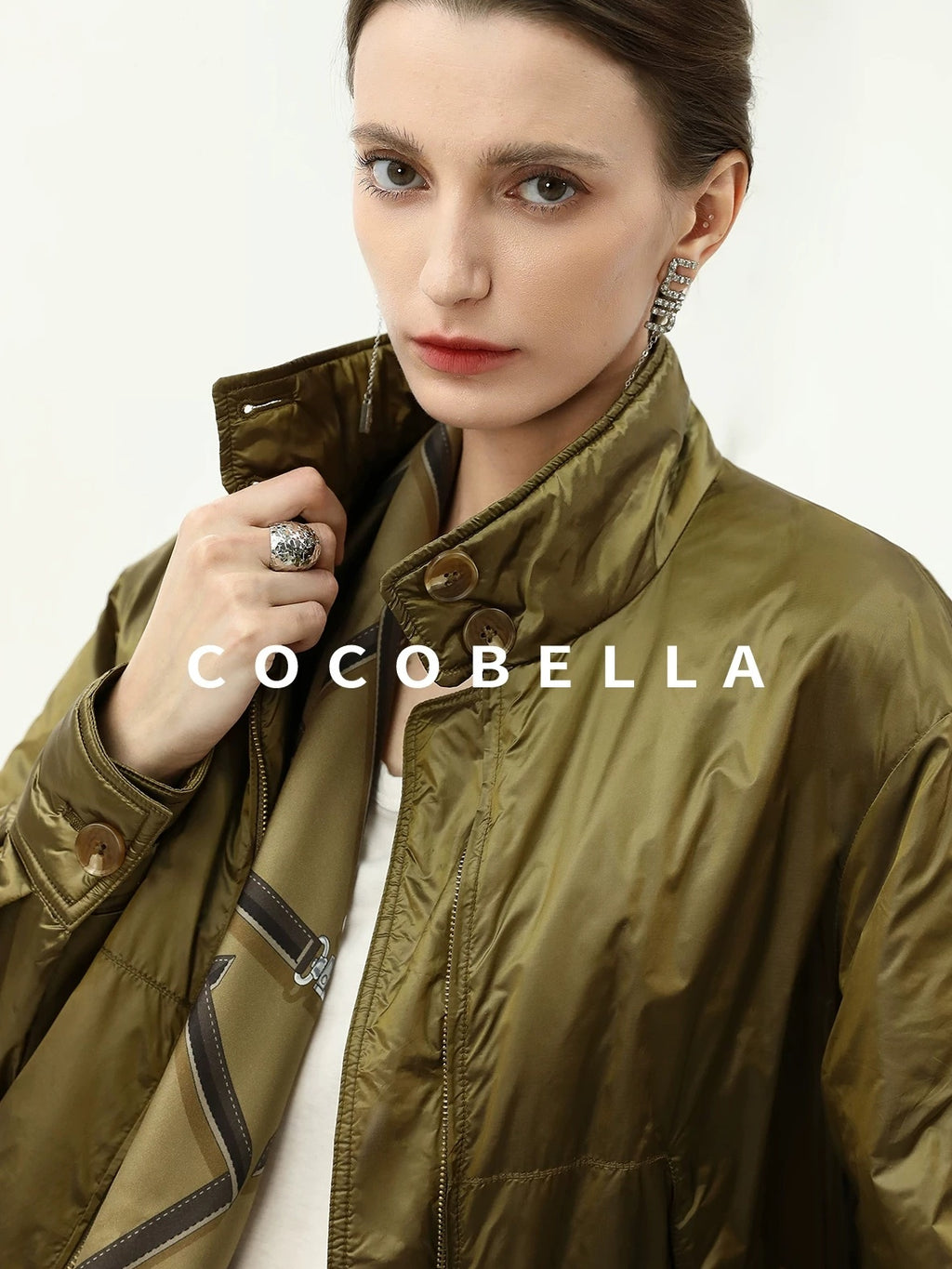 COCOBELLA Short Urban Street Stand Collar Zipper Buttons Pockets Solid Padded Jackets