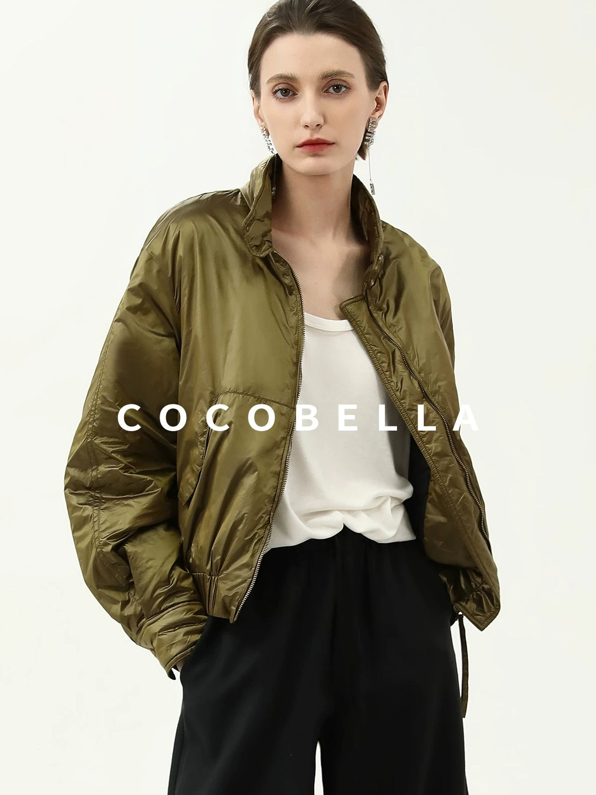 COCOBELLA Short Urban Street Stand Collar Zipper Buttons Pockets Solid Padded Jackets