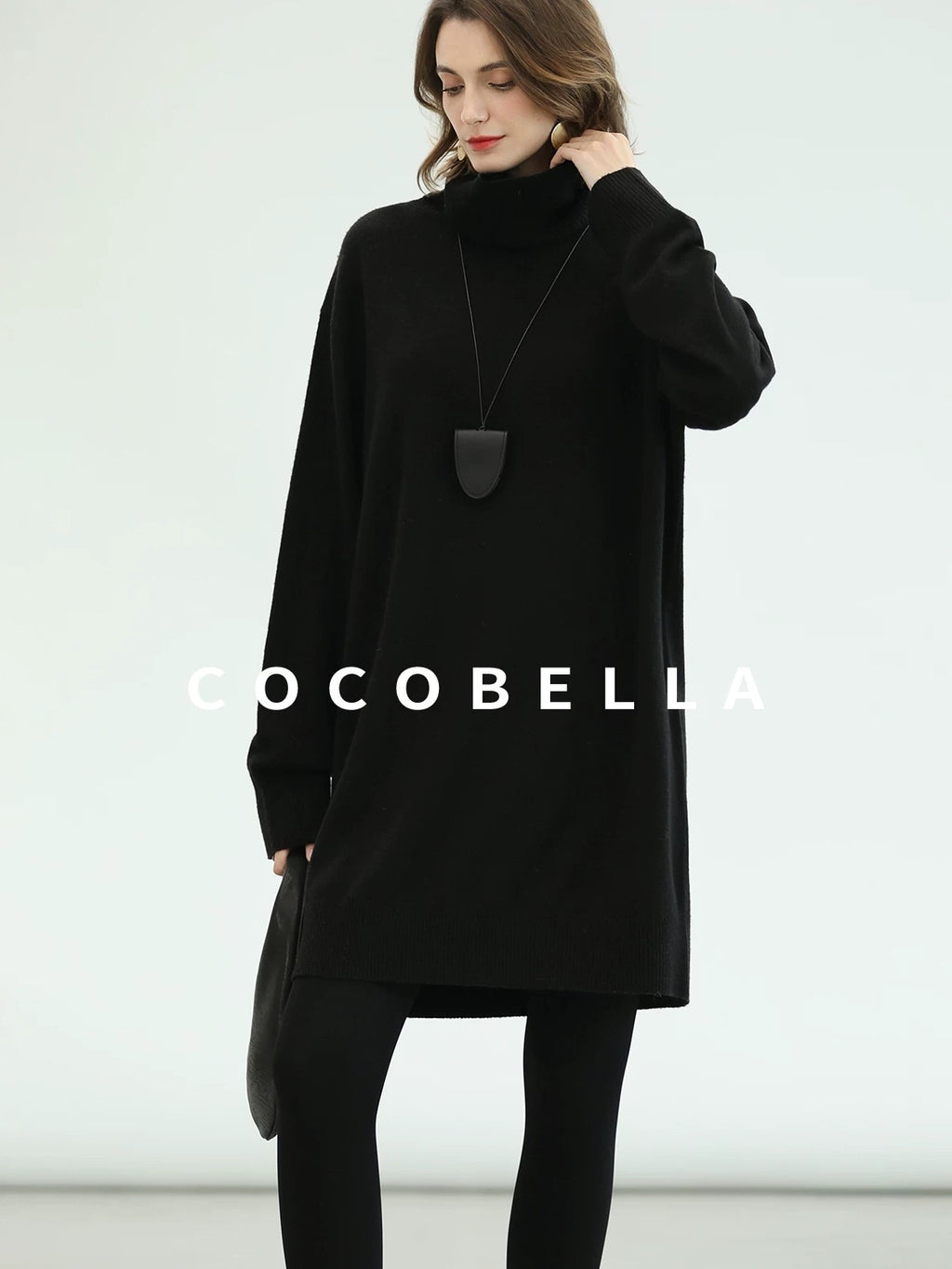 COCOBELLA Silk Cashmere Knit Elegant H Cut 3D Embellishment Relaxed Waist Dresses