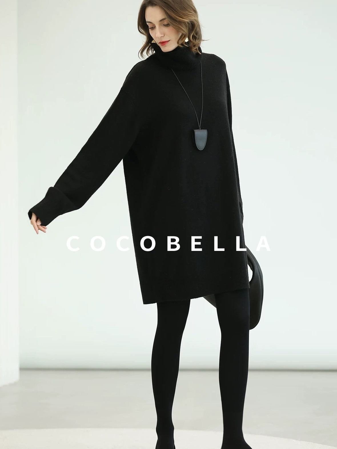 COCOBELLA Silk Cashmere Knit Elegant H Cut 3D Embellishment Relaxed Waist Dresses