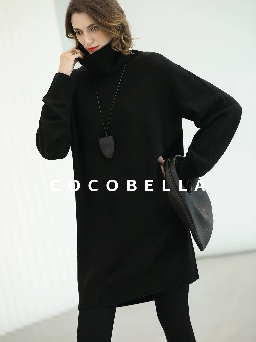 COCOBELLA Silk Cashmere Knit Elegant H Cut 3D Embellishment Relaxed Waist Dresses