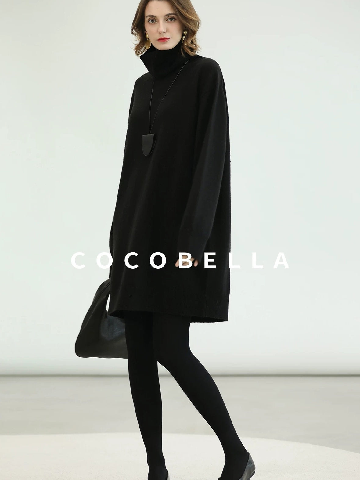 COCOBELLA Silk Cashmere Knit Elegant H Cut 3D Embellishment Relaxed Waist Dresses