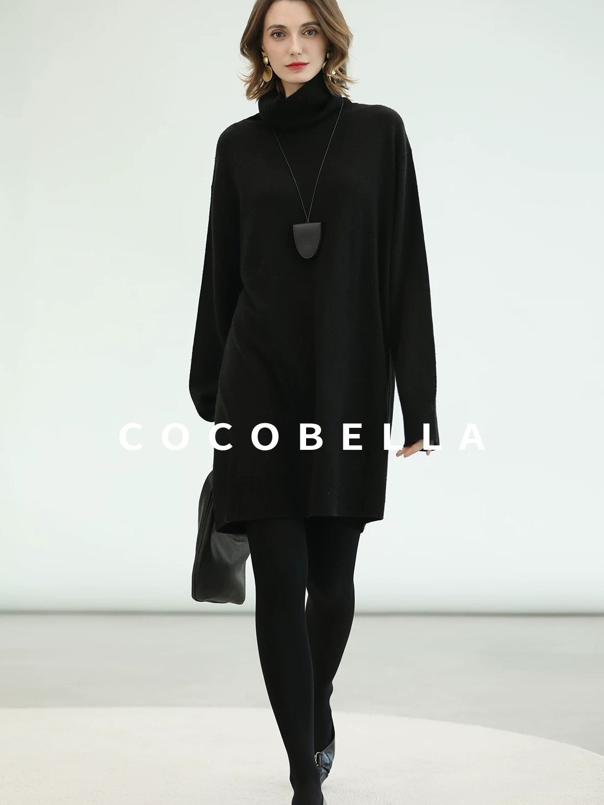 COCOBELLA Silk Cashmere Knit Elegant H Cut 3D Embellishment Relaxed Waist Dresses