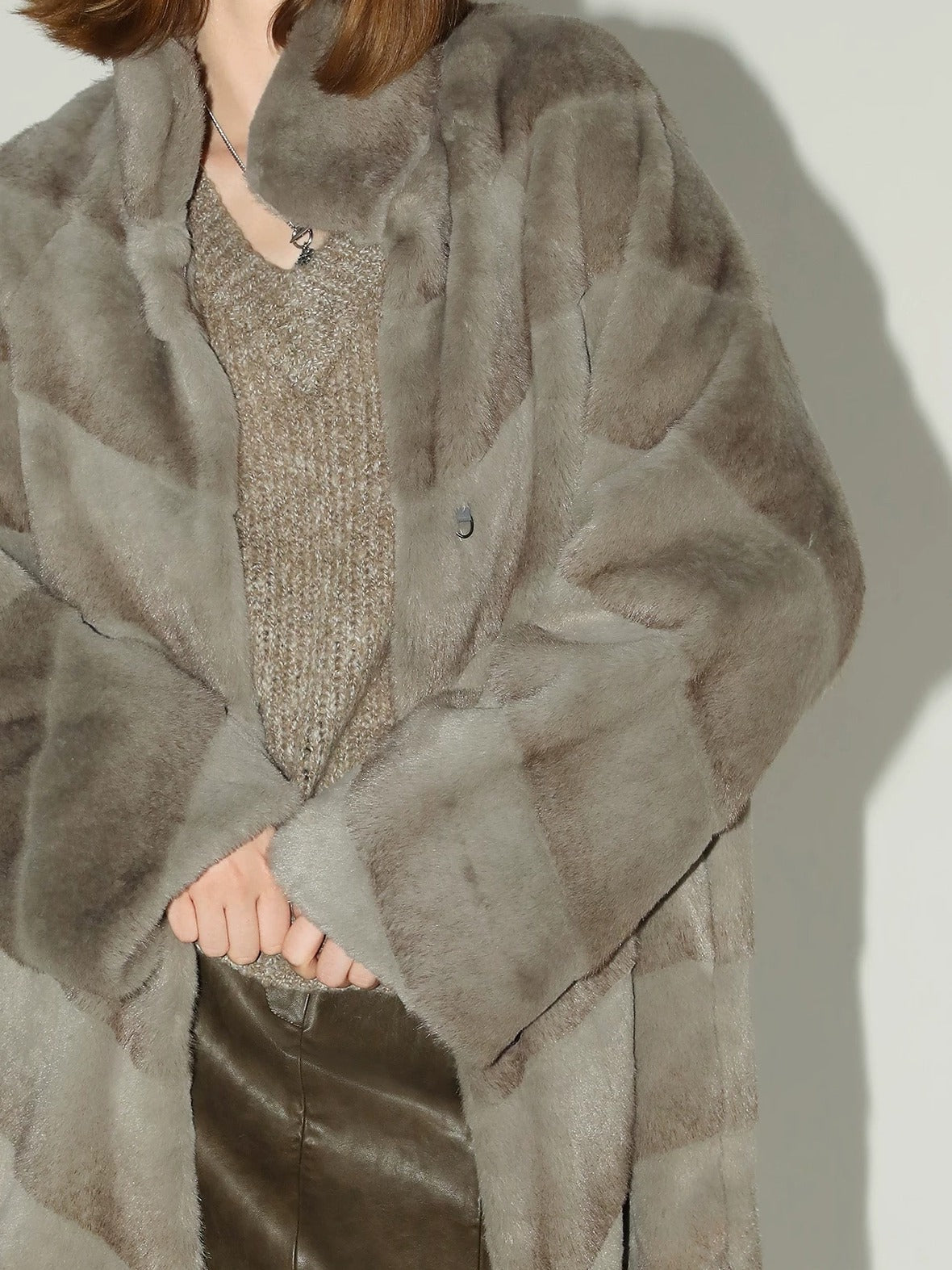 COCOBELLA Silver Blue Faux Fur Mid Length Stand Collar Loose Fit Ladylike Coats