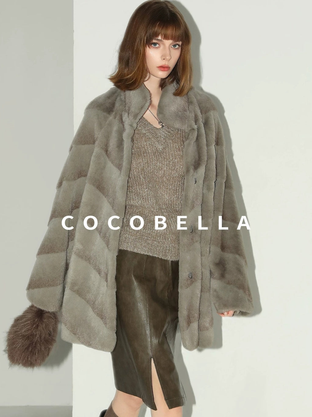 COCOBELLA Silver Blue Faux Fur Mid Length Stand Collar Loose Fit Ladylike Coats