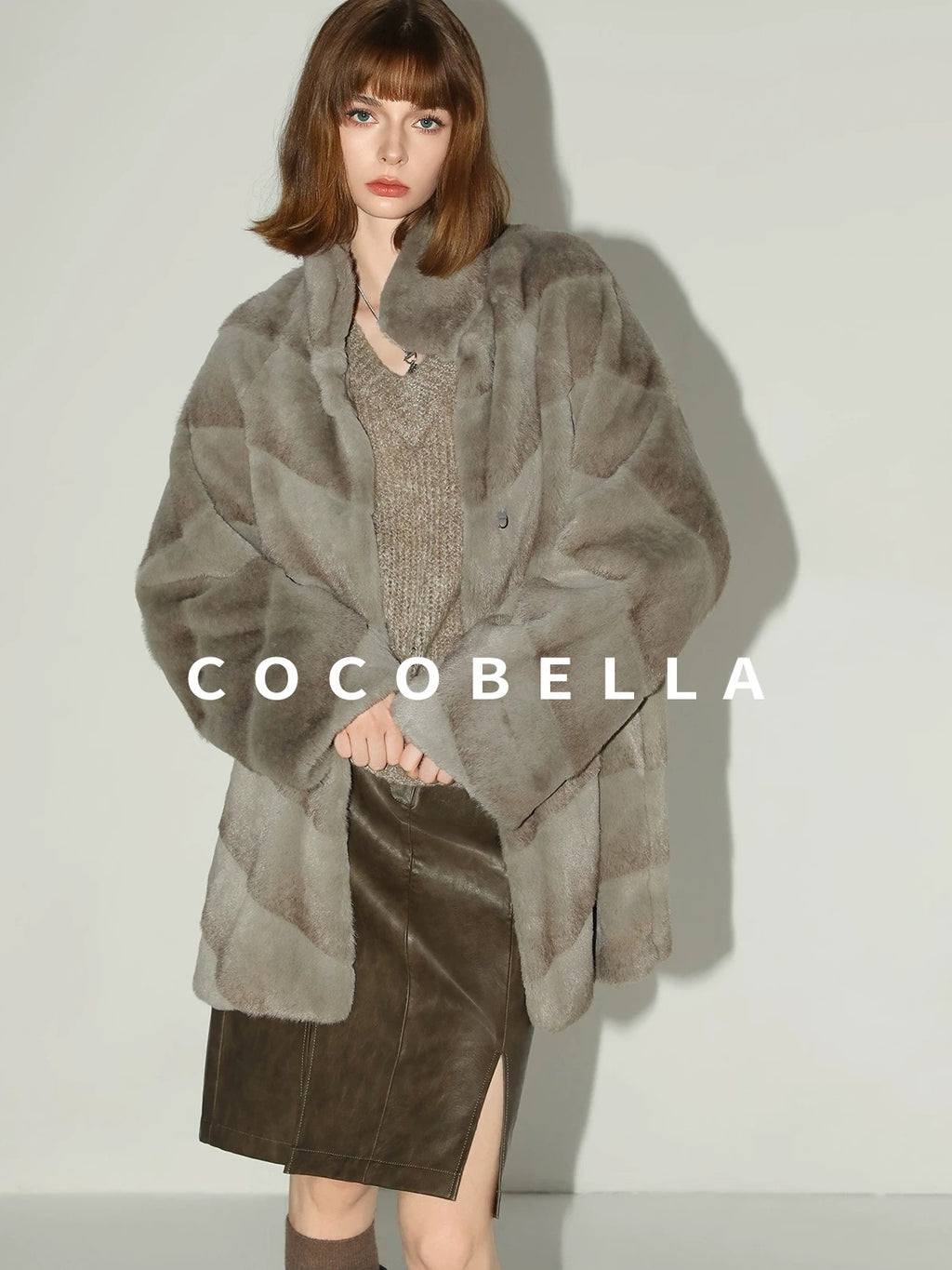 COCOBELLA Silver Blue Faux Fur Mid Length Stand Collar Loose Fit Ladylike Coats