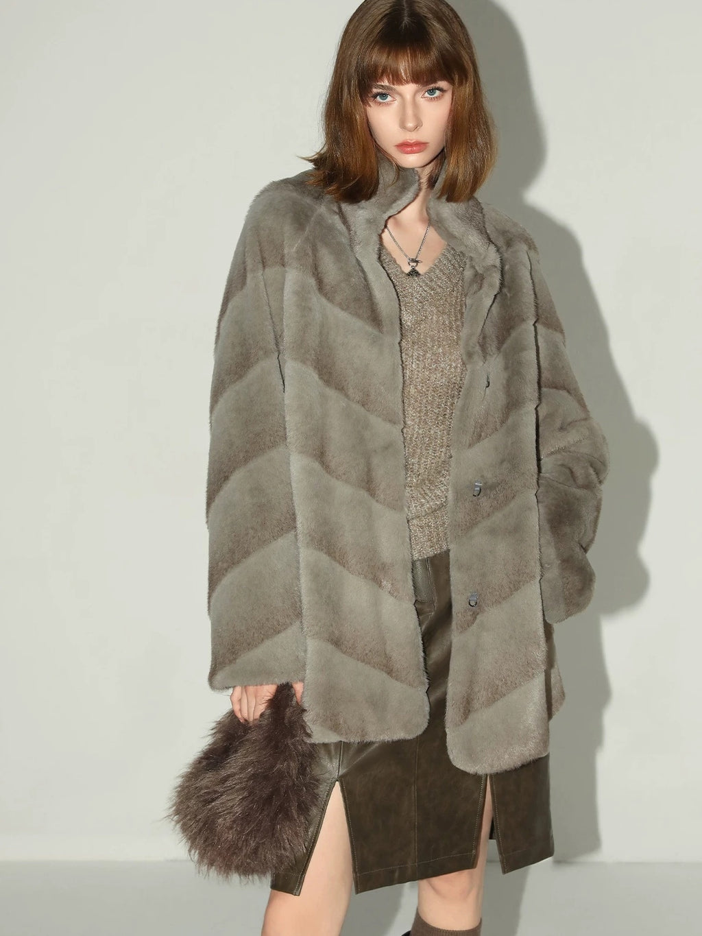 COCOBELLA Silver Blue Faux Fur Mid Length Stand Collar Loose Fit Ladylike Coats