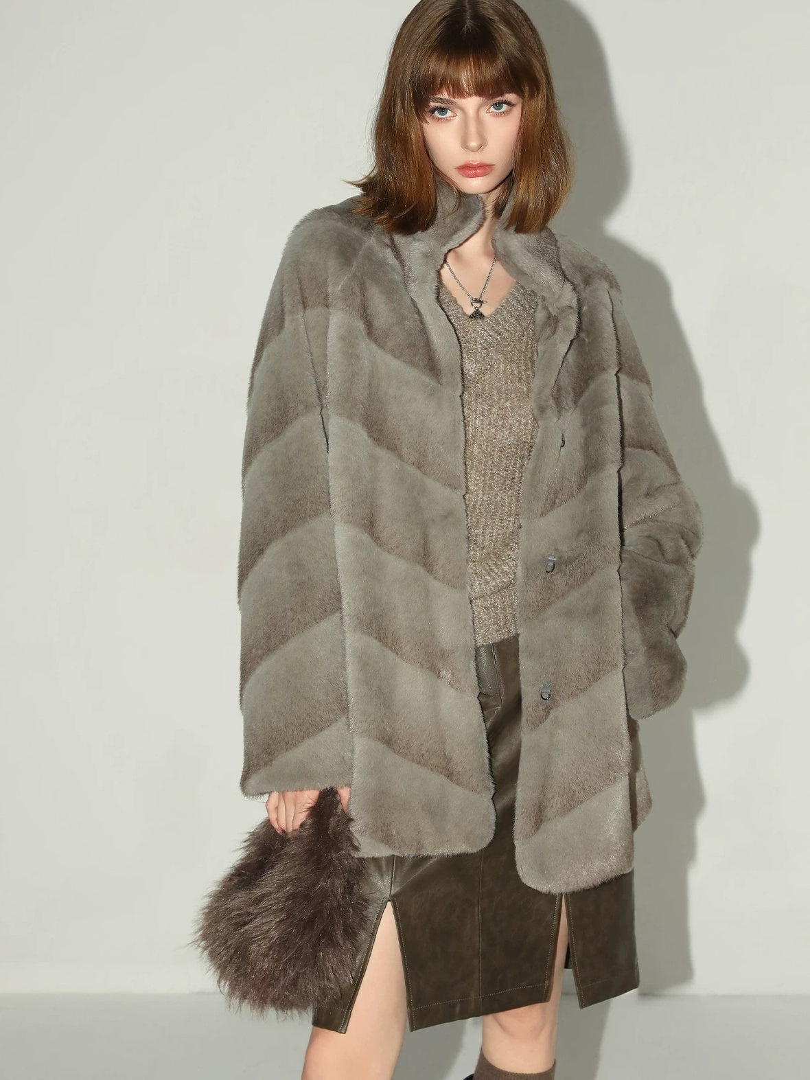 COCOBELLA Silver Blue Faux Fur Mid Length Stand Collar Loose Fit Ladylike Coats