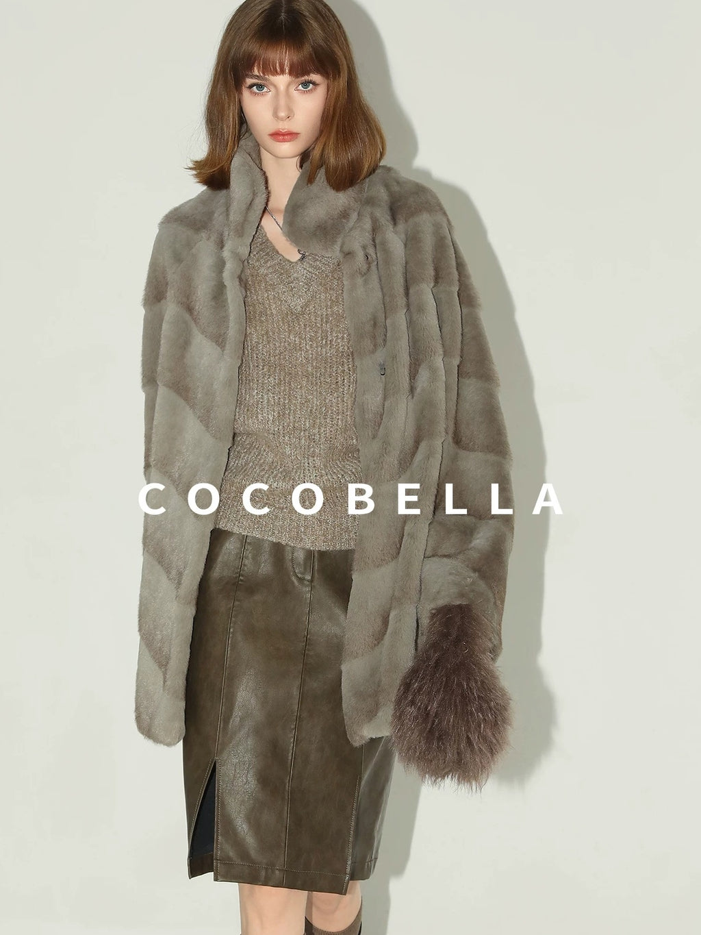 COCOBELLA Silver Blue Faux Fur Mid Length Stand Collar Loose Fit Ladylike Coats
