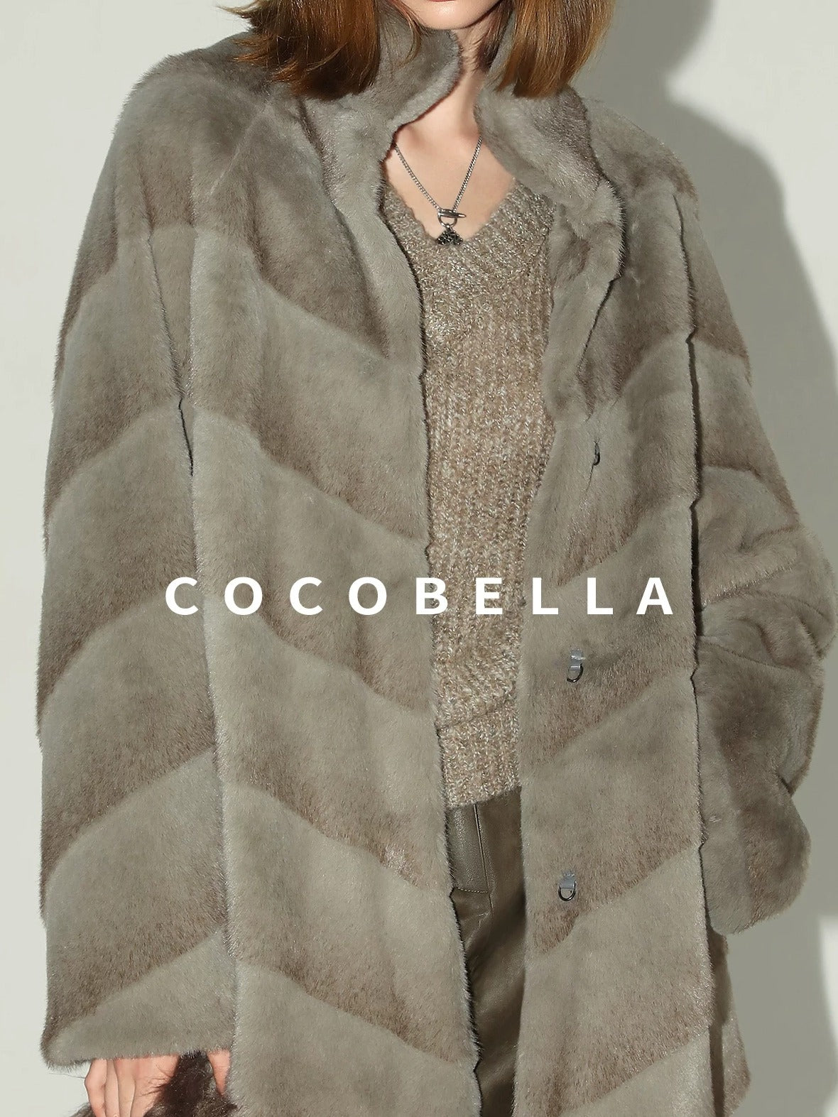 COCOBELLA Silver Blue Faux Fur Mid Length Stand Collar Loose Fit Ladylike Coats
