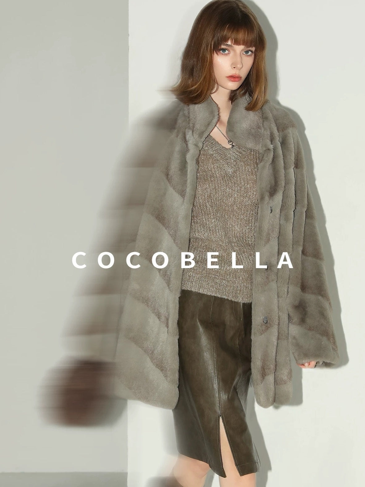 COCOBELLA Silver Blue Faux Fur Mid Length Stand Collar Loose Fit Ladylike Coats