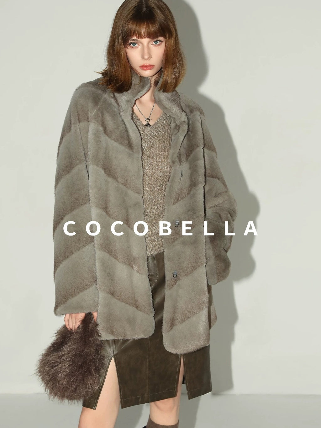 COCOBELLA Silver Blue Faux Fur Mid Length Stand Collar Loose Fit Ladylike Coats
