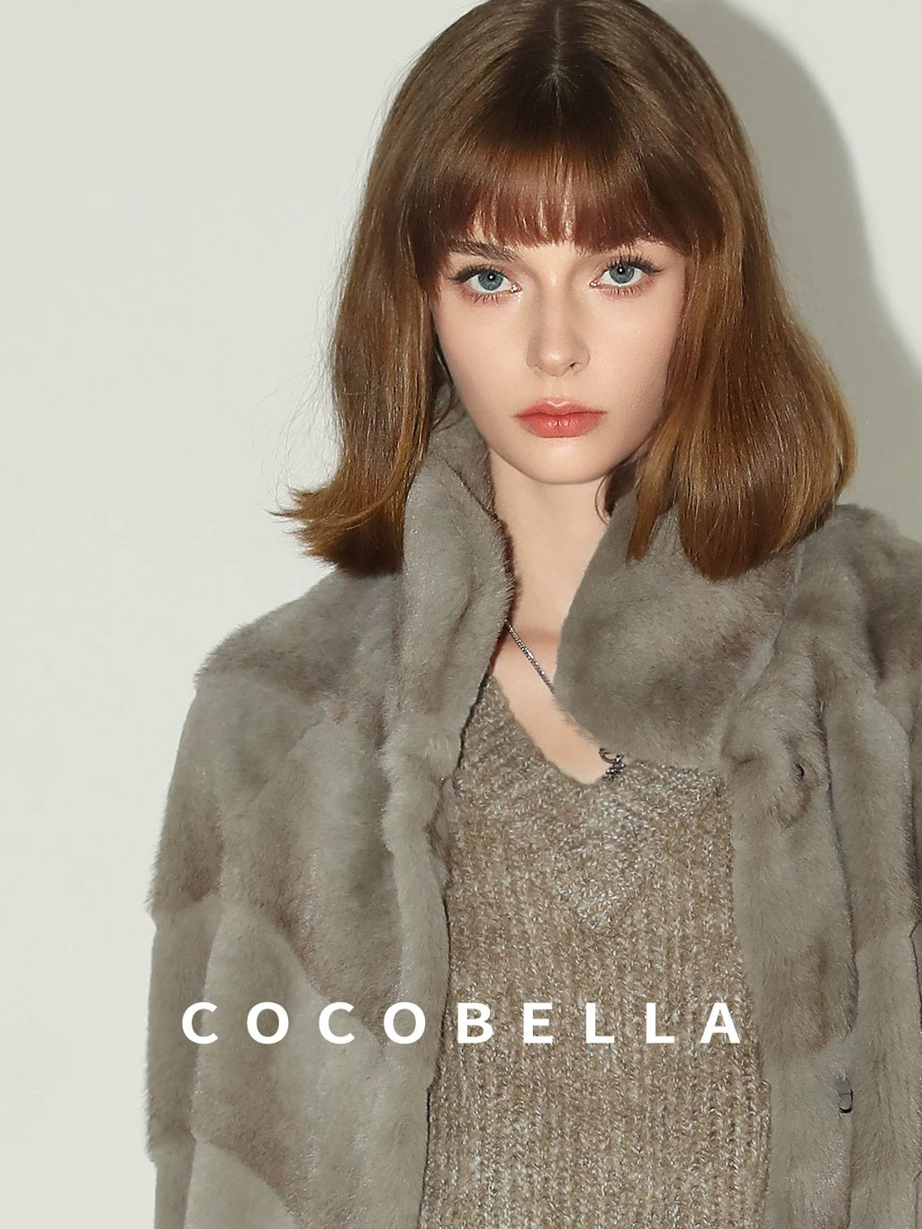 COCOBELLA Silver Blue Faux Fur Mid Length Stand Collar Loose Fit Ladylike Coats