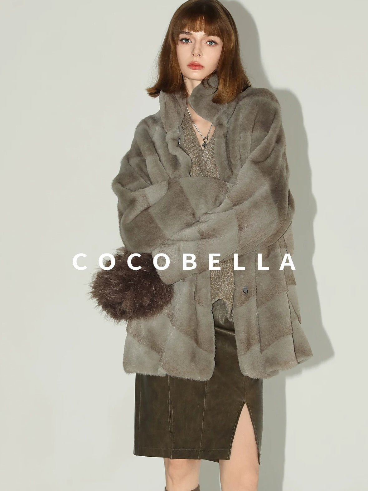 COCOBELLA Silver Blue Faux Fur Mid Length Stand Collar Loose Fit Ladylike Coats