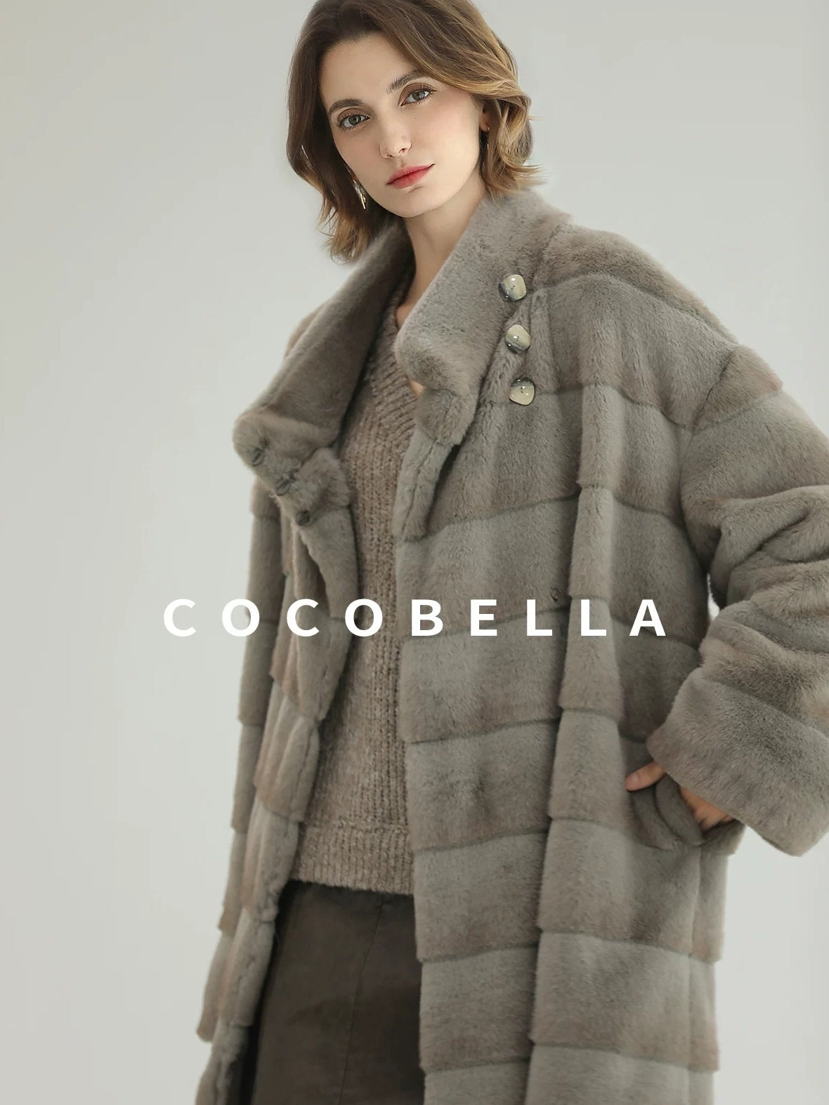 COCOBELLA Silver Blue Premium Faux Fur Straight Longline Long Sleeve Women Workwear Coats