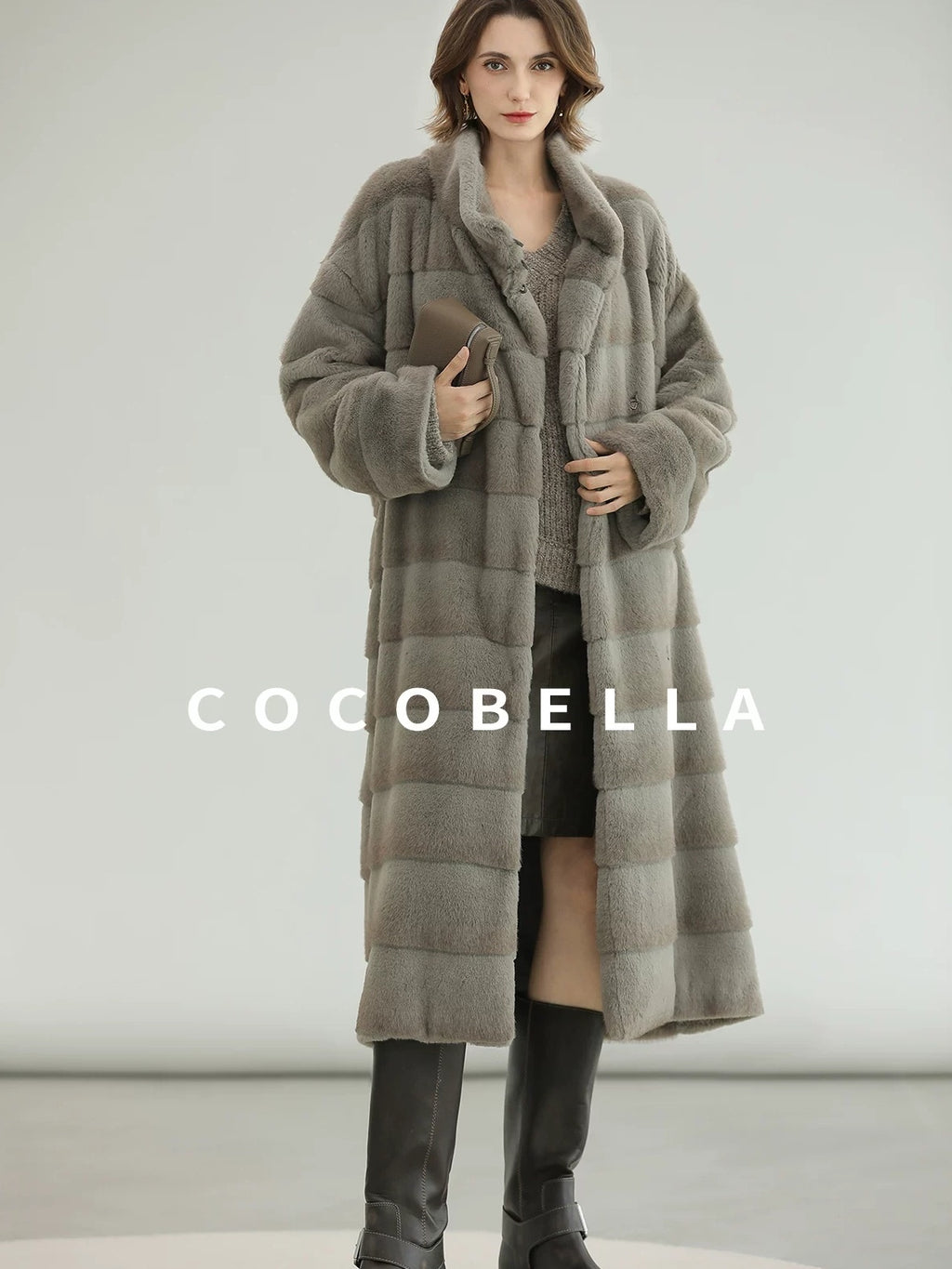 COCOBELLA Silver Blue Premium Faux Fur Straight Longline Long Sleeve Women Workwear Coats