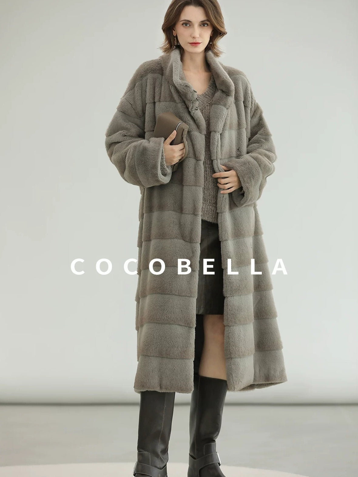COCOBELLA Silver Blue Premium Faux Fur Straight Longline Long Sleeve Women Workwear Coats