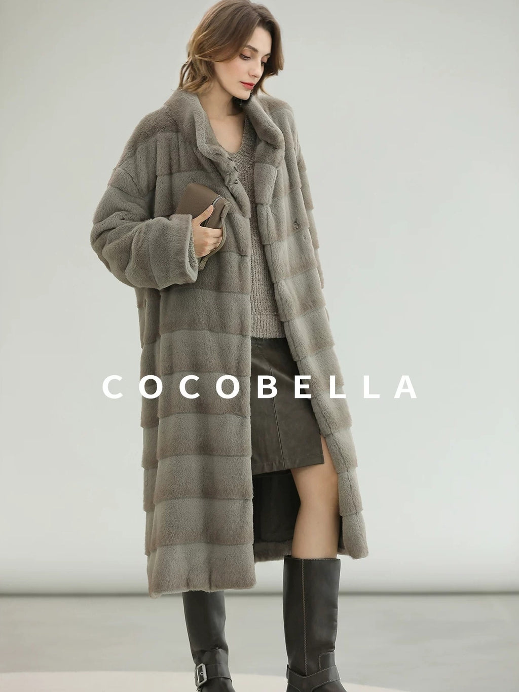 COCOBELLA Silver Blue Premium Faux Fur Straight Longline Long Sleeve Women Workwear Coats