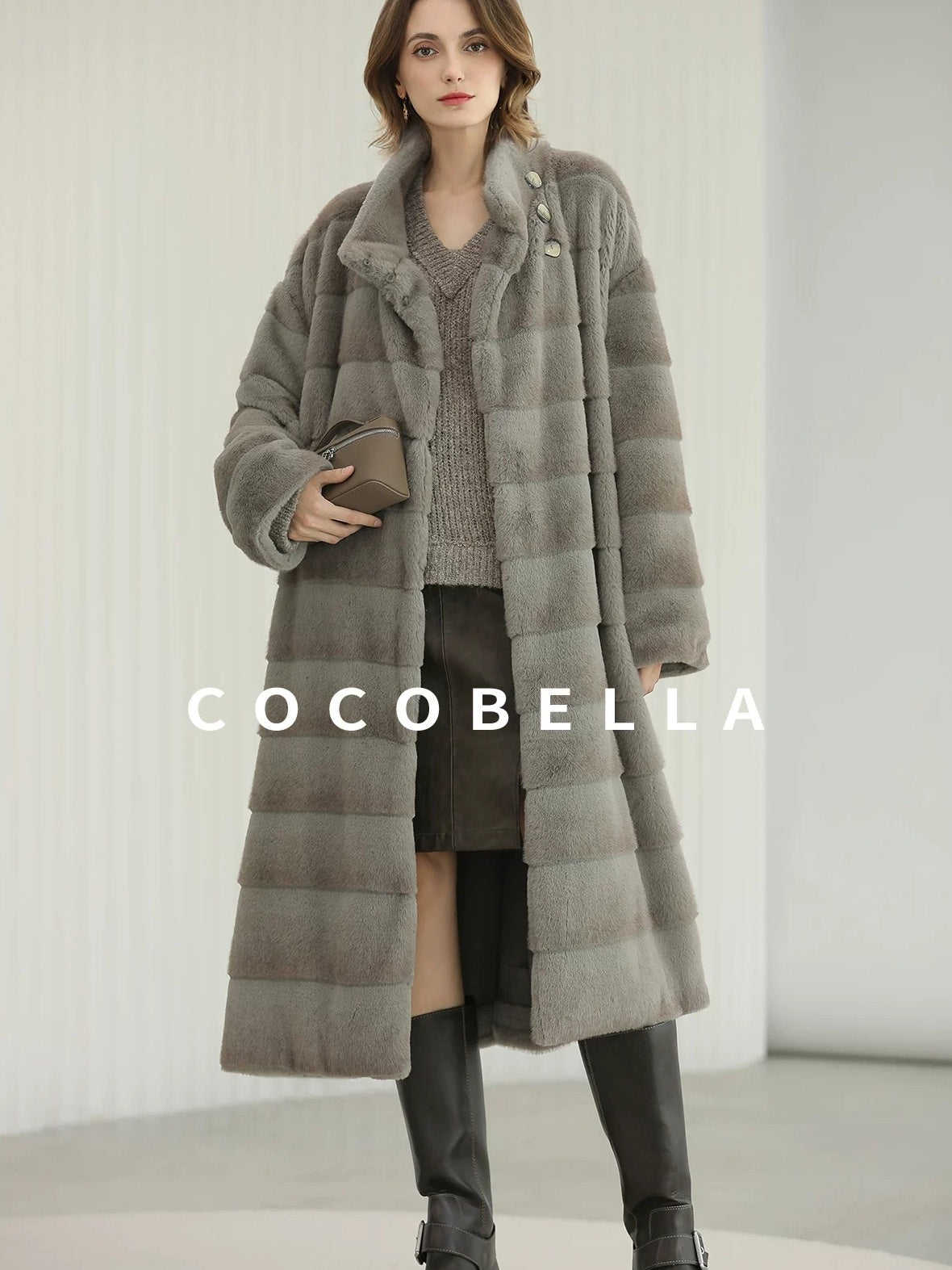 COCOBELLA Silver Blue Premium Faux Fur Straight Longline Long Sleeve Women Workwear Coats