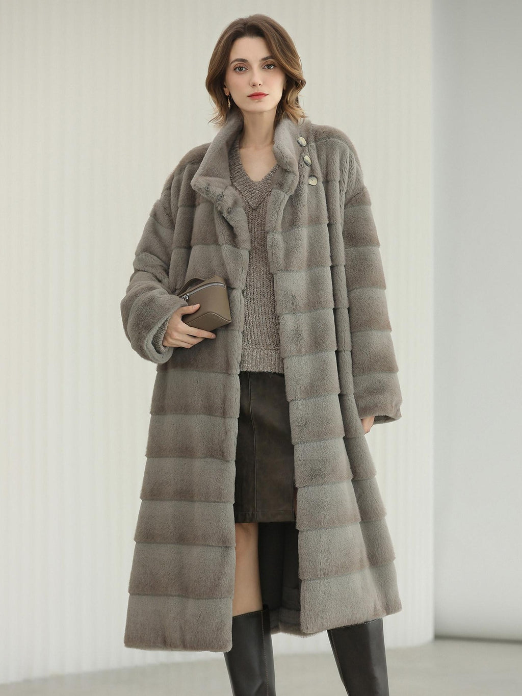 COCOBELLA Silver Blue Premium Faux Fur Straight Longline Long Sleeve Women Workwear Coats