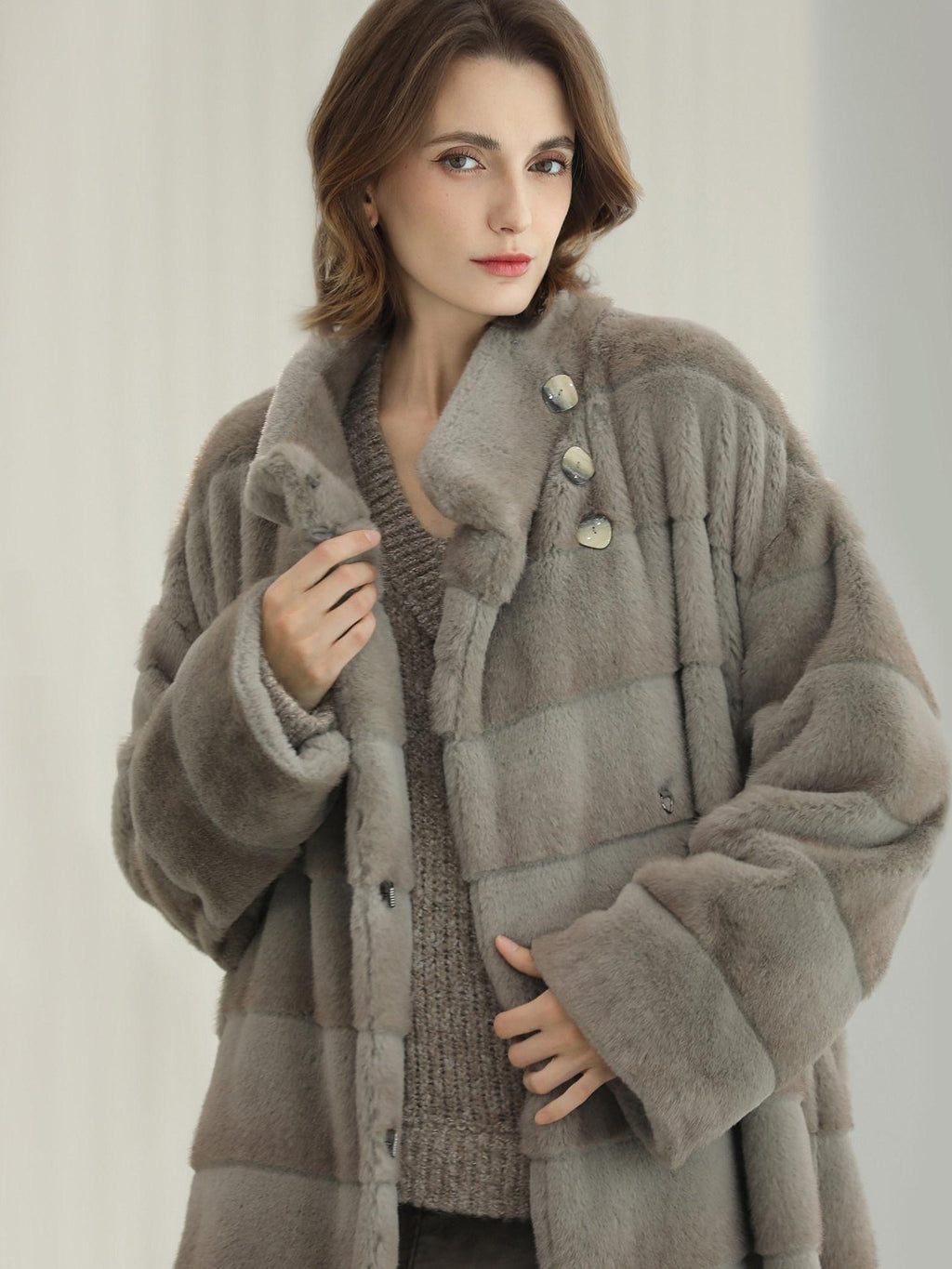 COCOBELLA Silver Blue Premium Faux Fur Straight Longline Long Sleeve Women Workwear Coats