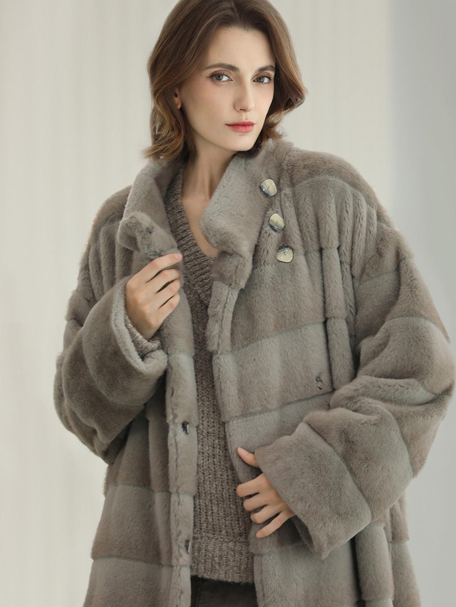 COCOBELLA Silver Blue Premium Faux Fur Straight Longline Long Sleeve Women Workwear Coats