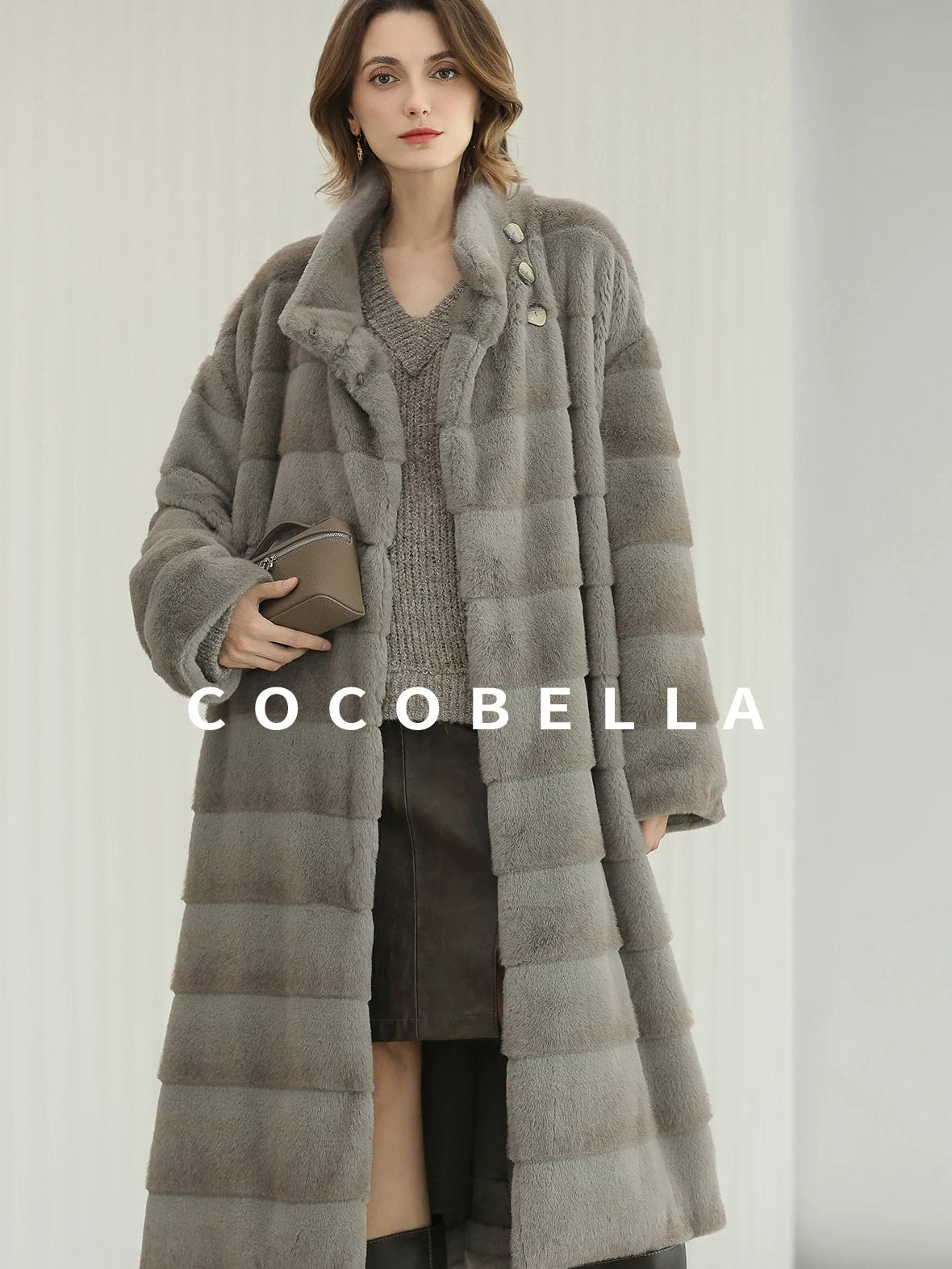 COCOBELLA Silver Blue Premium Faux Fur Straight Longline Long Sleeve Women Workwear Coats