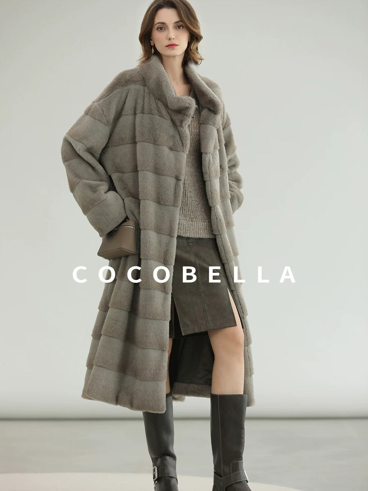 COCOBELLA Silver Blue Premium Faux Fur Straight Longline Long Sleeve Women Workwear Coats