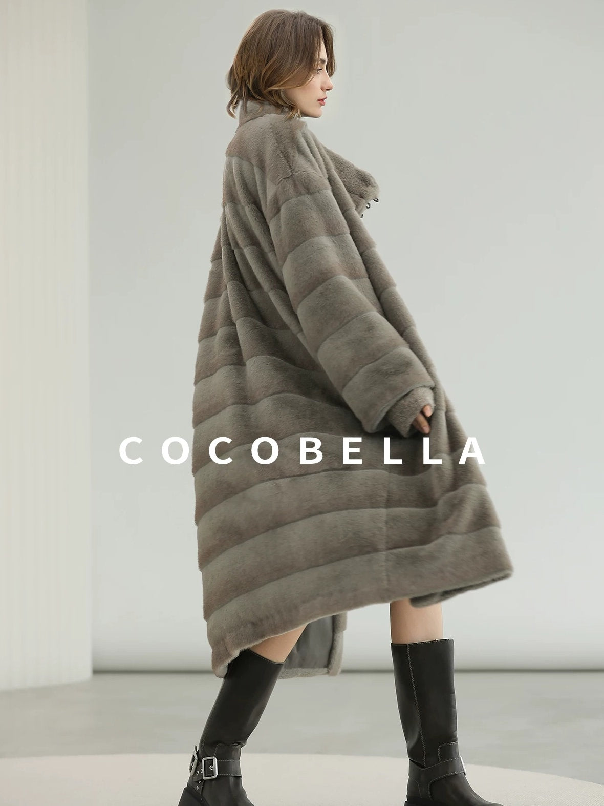 COCOBELLA Silver Blue Premium Faux Fur Straight Longline Long Sleeve Women Workwear Coats