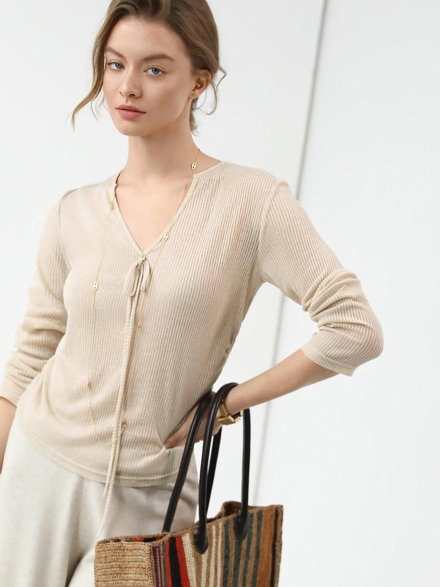 COCOBELLA Skin Friendly Slim V Neck Long Sleeve Office Workwear Plain T-Shirts