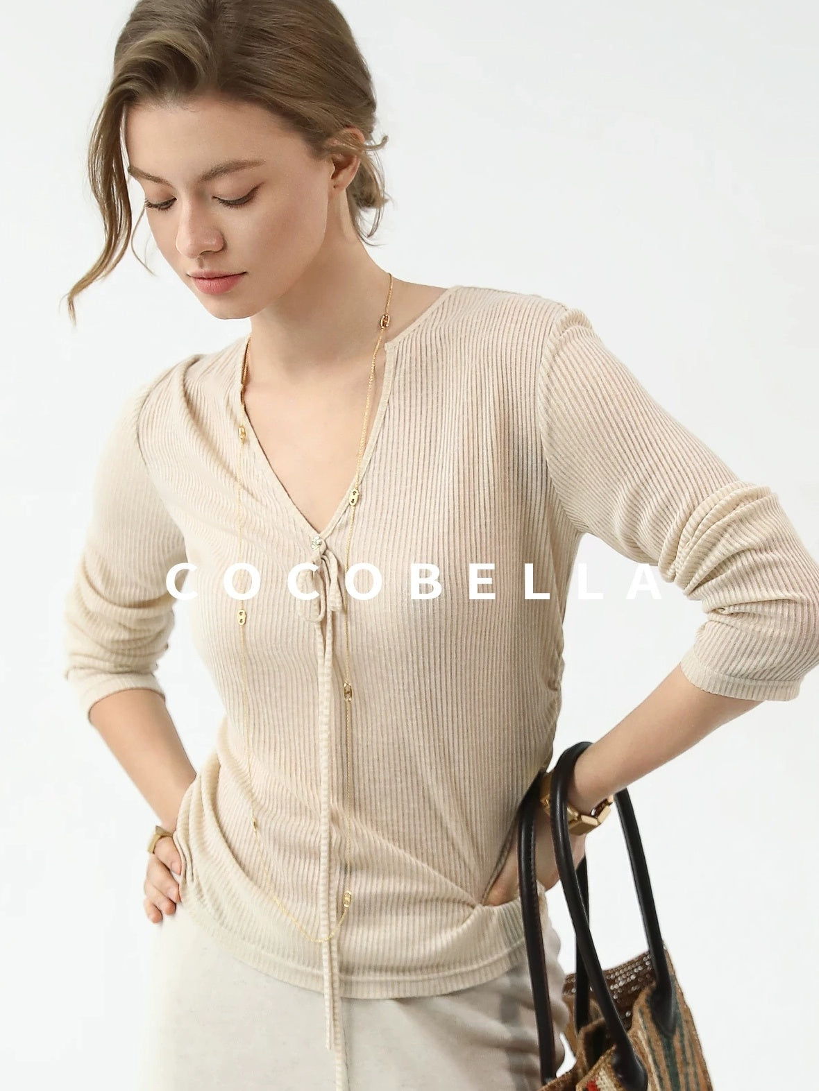 COCOBELLA Skin Friendly Slim V Neck Long Sleeve Office Workwear Plain T-Shirts