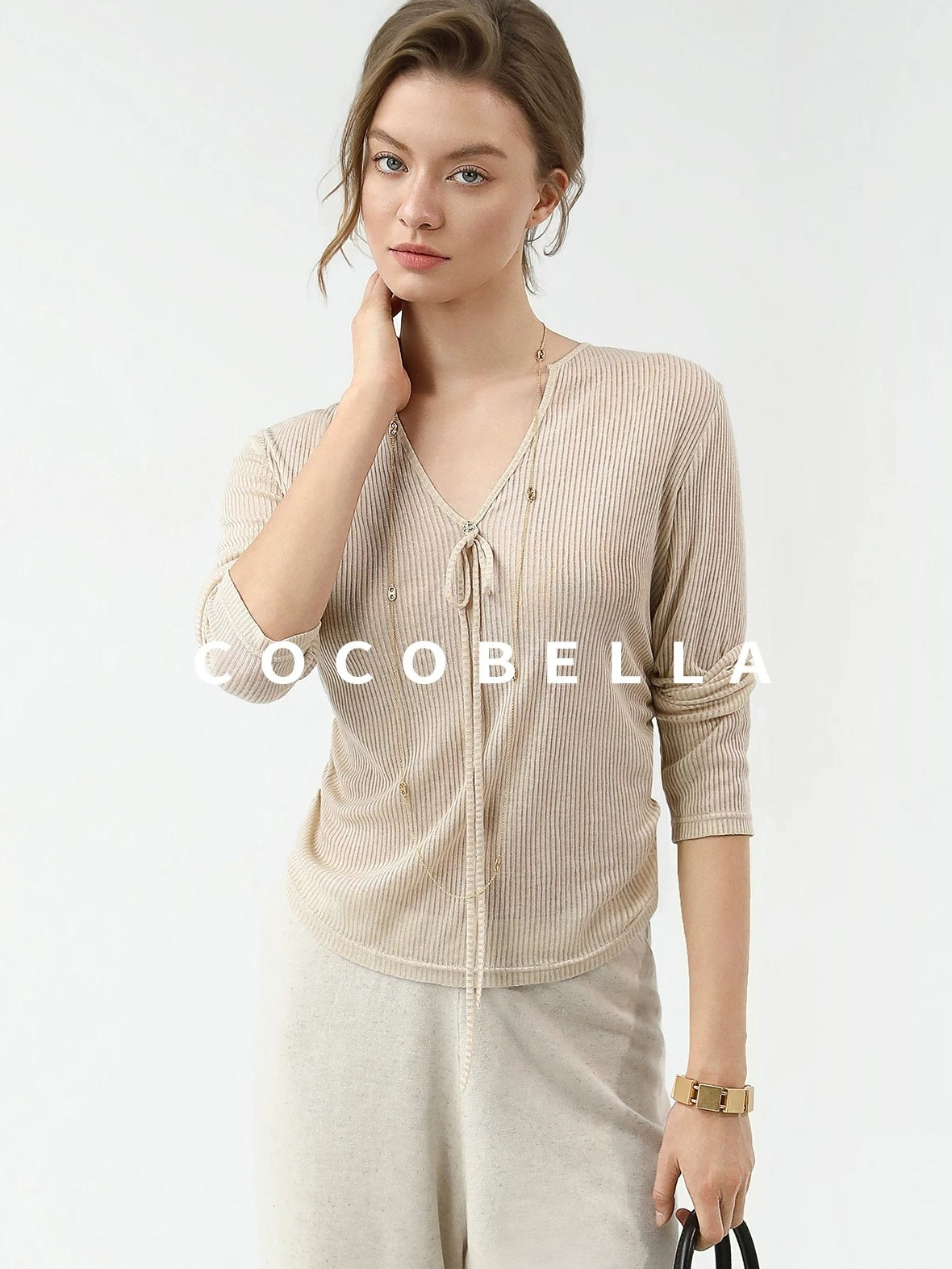 COCOBELLA Skin Friendly Slim V Neck Long Sleeve Office Workwear Plain T-Shirts