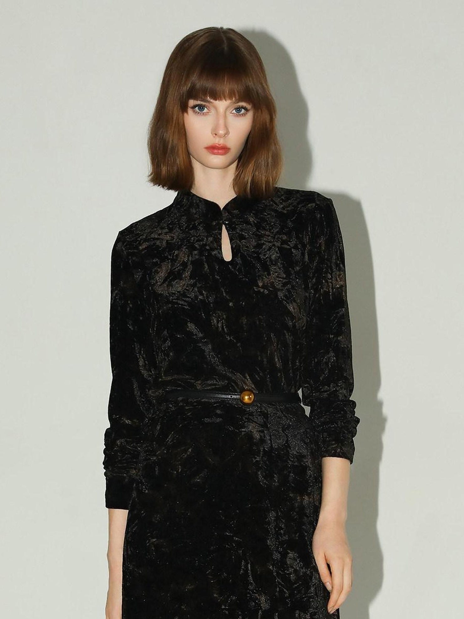 COCOBELLA Slim Stretch Commuter Stand Collar Buttons Women Long Sleeve Black Gold Shirts