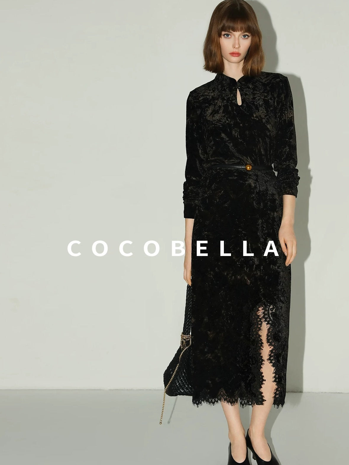 COCOBELLA Slim Stretch Commuter Stand Collar Buttons Women Long Sleeve Black Gold Shirts