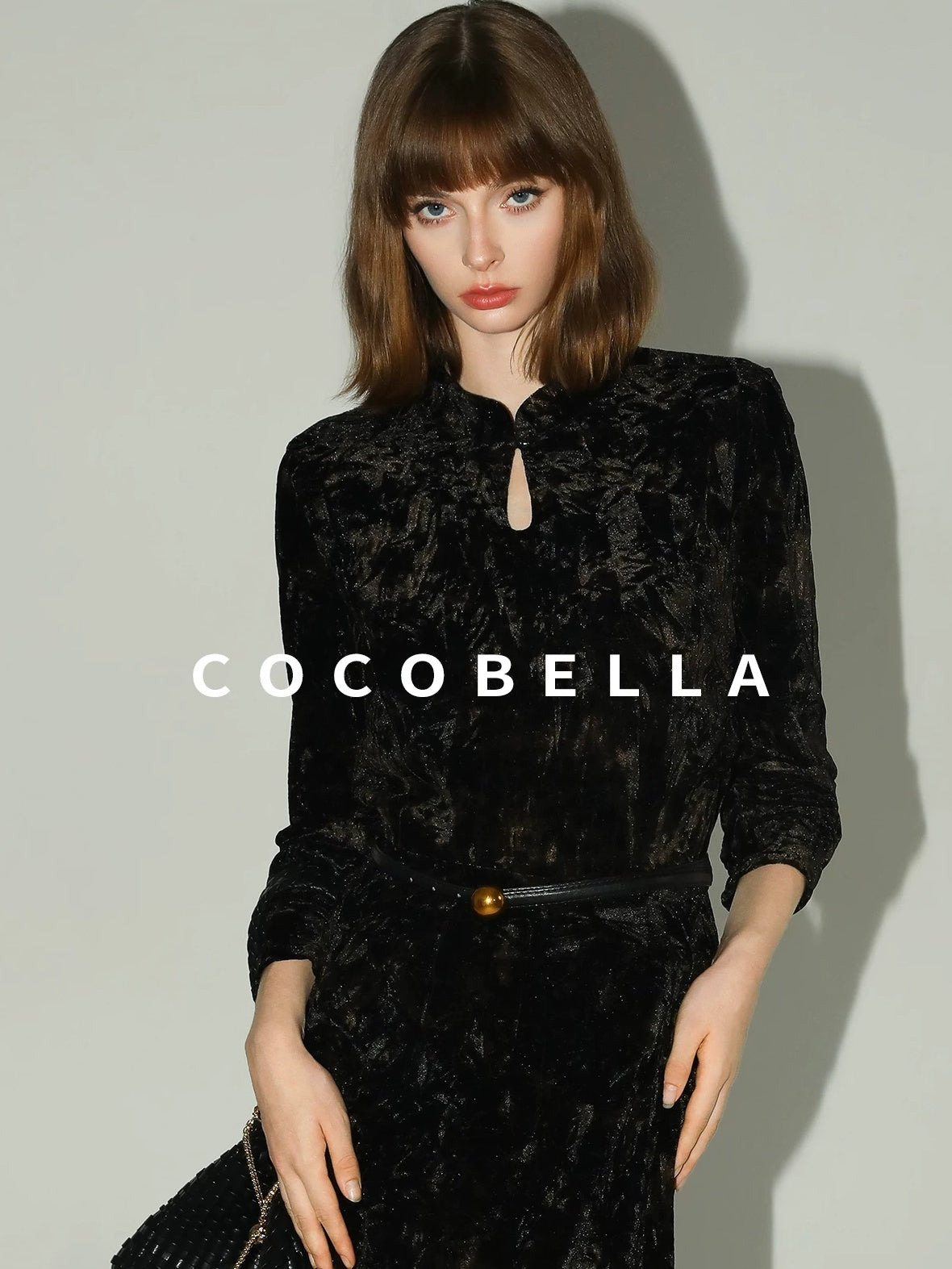 COCOBELLA Slim Stretch Commuter Stand Collar Buttons Women Long Sleeve Black Gold Shirts