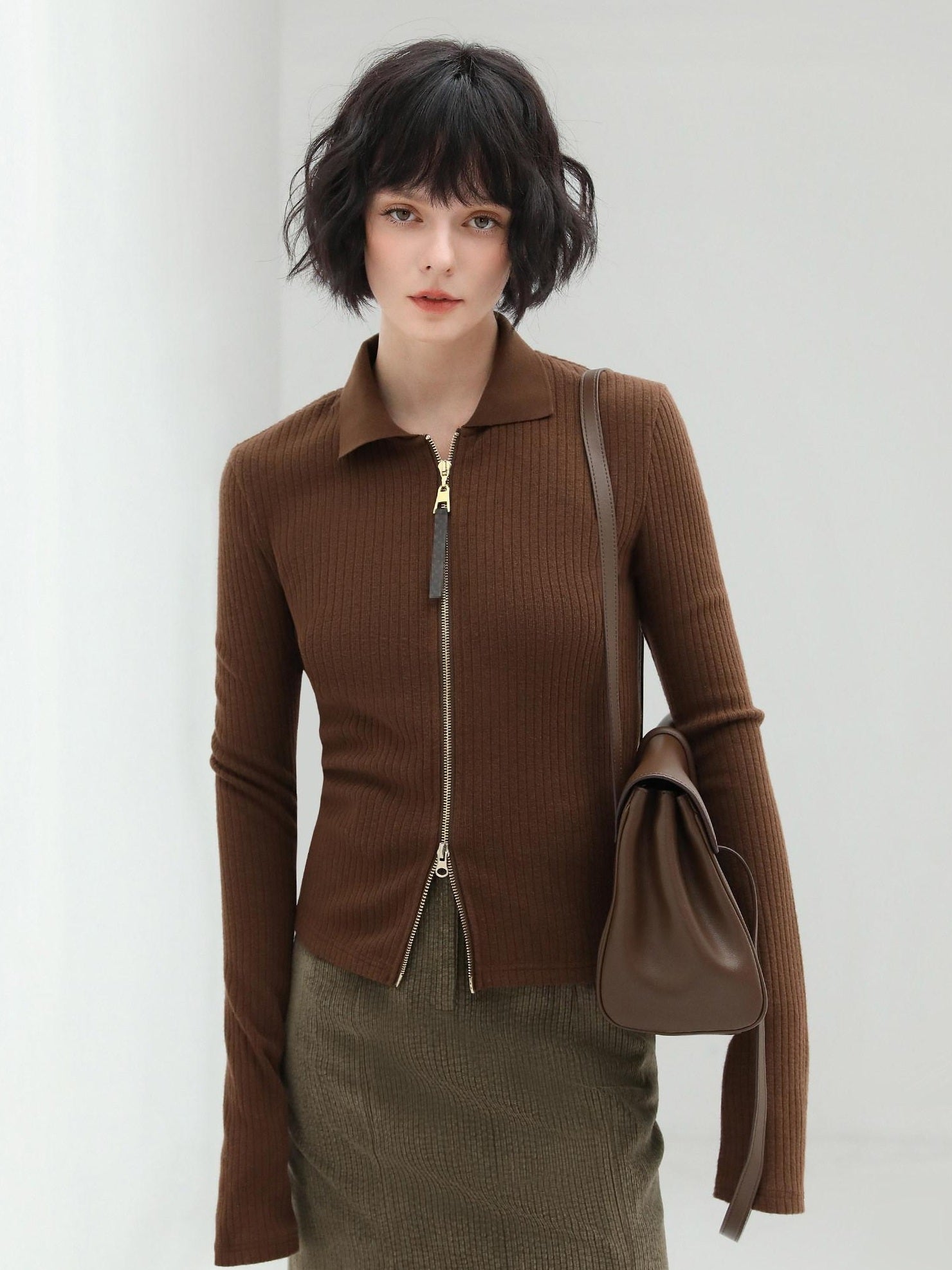 COCOBELLA Slim Zip Up Collared Knit Commuter Long Sleeve Viscose Brown Sweater