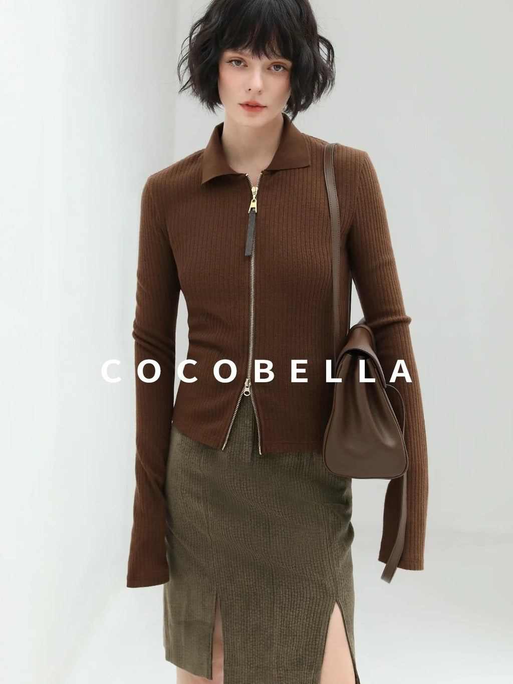 COCOBELLA Slim Zip Up Collared Knit Commuter Long Sleeve Viscose Brown Sweater