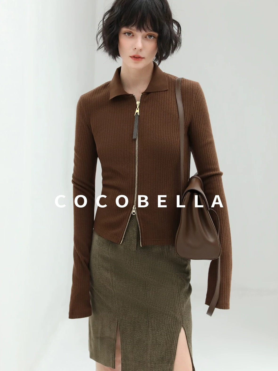 COCOBELLA Slim Zip Up Collared Knit Commuter Long Sleeve Viscose Brown Sweater