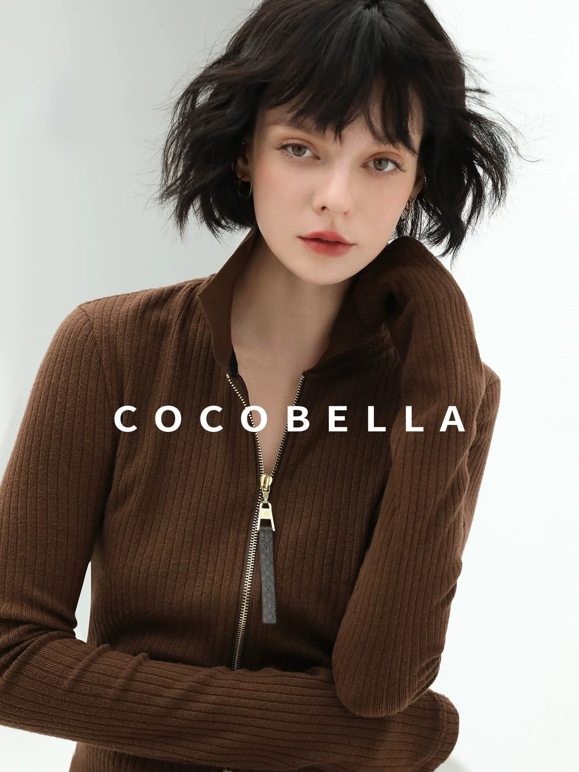 COCOBELLA Slim Zip Up Collared Knit Commuter Long Sleeve Viscose Brown Sweater