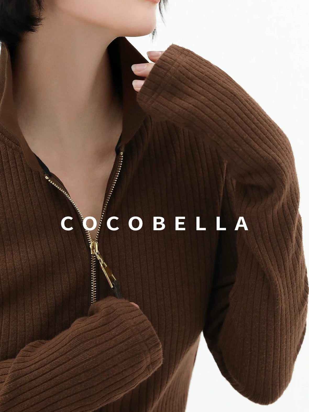 COCOBELLA Slim Zip Up Collared Knit Commuter Long Sleeve Viscose Brown Sweater