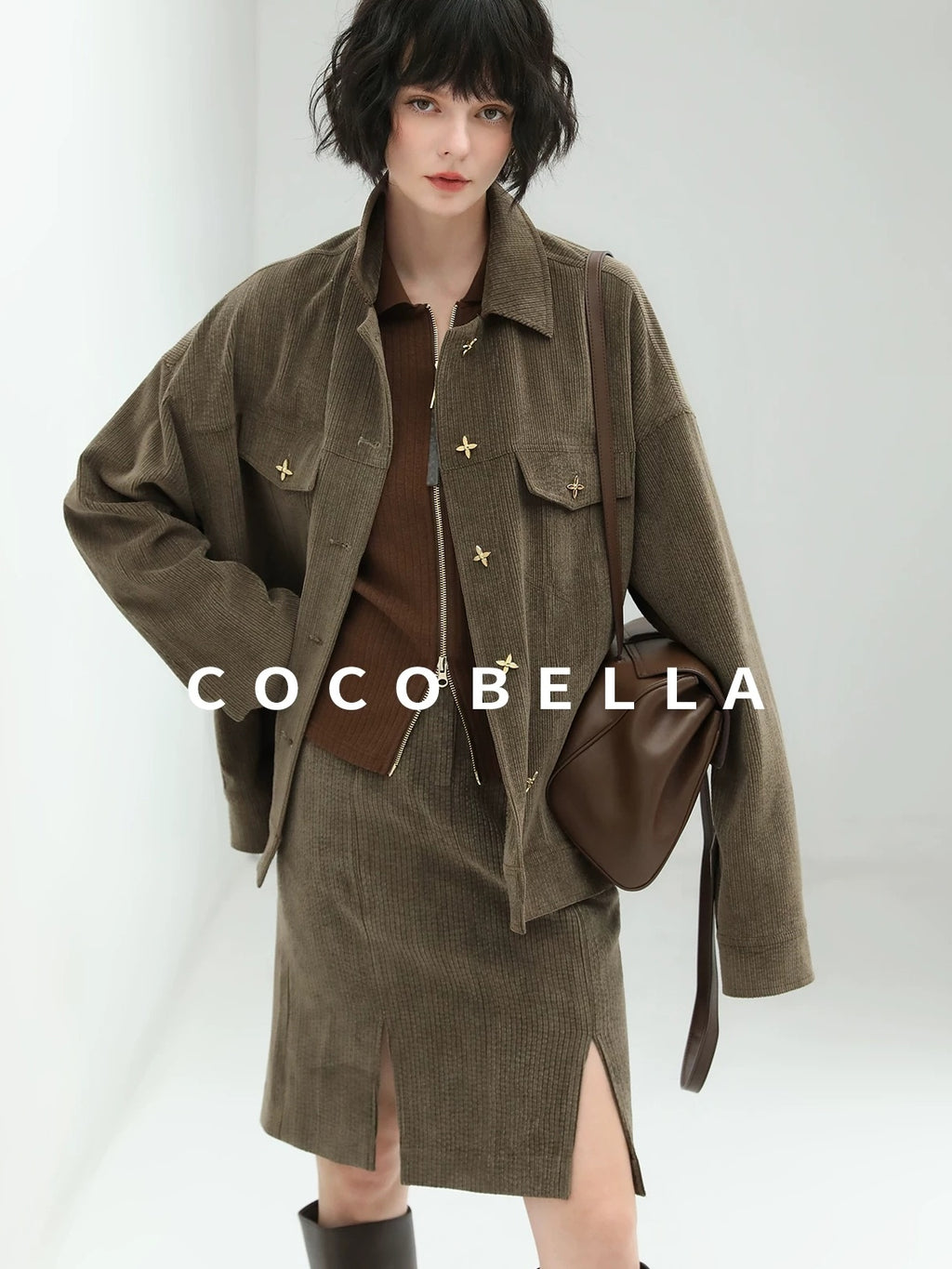 COCOBELLA Slim Zip Up Collared Knit Commuter Long Sleeve Viscose Brown Sweater