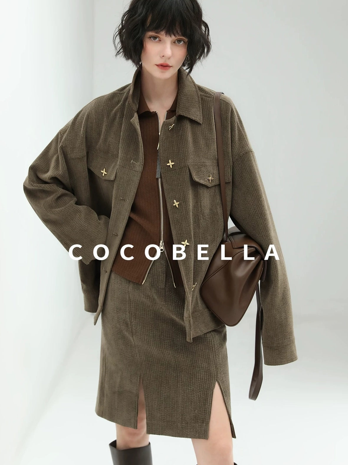 COCOBELLA Slim Zip Up Collared Knit Commuter Long Sleeve Viscose Brown Sweater